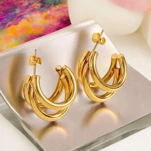 🆕️ Triple Loop Radiance: 18K Gold Plated Minimalist Dainty Hoop Earrings ✨ - Picture 1 of 11